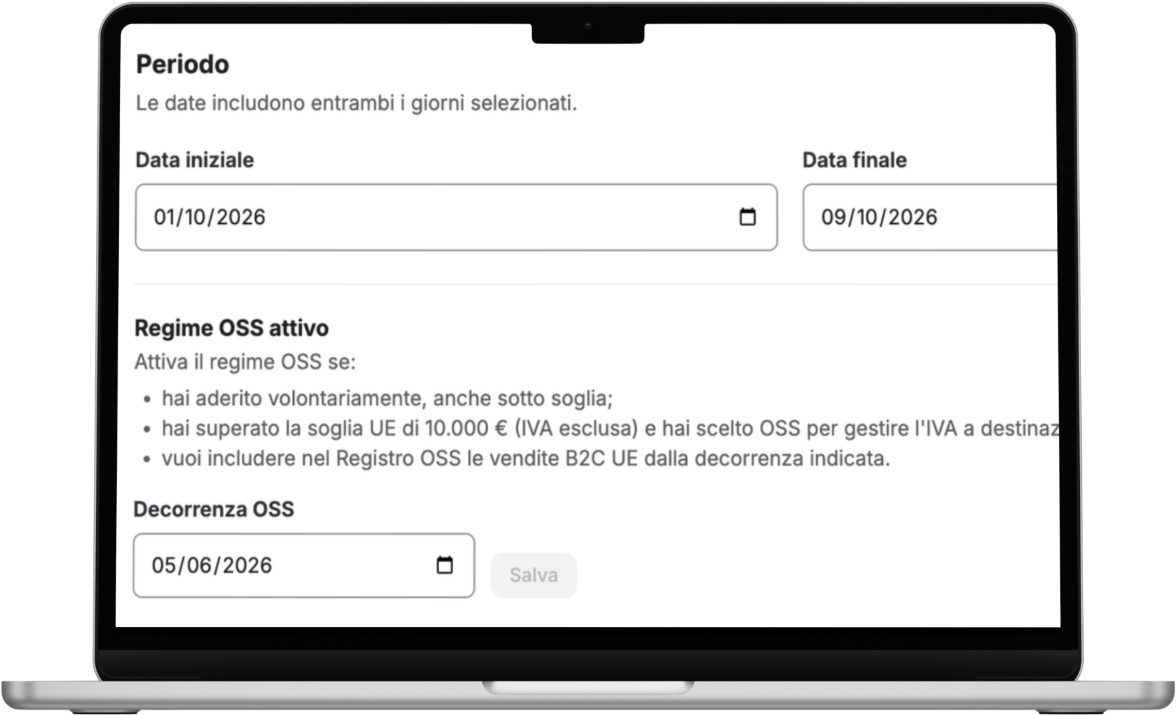 Fiscaly Corrispettivi su laptop: selezione del periodo e decorrenza del regime OSS